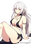  1girl ahoge ass bangs bare_shoulders blush breasts cleavage collarbone fate/grand_order fate_(series) hair_between_eyes heroic_spirit_chaldea_park_outfit highres jeanne_d&#039;arc_(alter)_(fate) jeanne_d&#039;arc_(fate)_(all) jewelry large_breasts long_hair looking_at_viewer navel necklace silver_hair simple_background sitting smile solo thighs very_long_hair white_background yellow_eyes zeroshiki_kouichi 