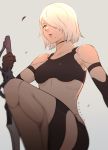  1girl android armlet black_gloves black_shorts black_tank_top breasts commentary elbow_gloves english_commentary gloves hair_over_one_eye highres holding holding_sword holding_weapon koyorin medium_breasts midriff mole mole_under_mouth nier_(series) nier_automata parted_lips pink_lips robot_joints short_hair short_shorts shorts silver_hair simple_background solo sword tank_top weapon yorha_type_a_no._2 