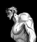  1boy abs black_background facial_scar golden_kamuy greyscale male_focus monochrome nipples scar shirtless simple_background solo stitches sugimoto_saichi upper_body 