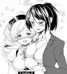  2girls ayanero_taicho beret blush breast_grab breast_rest breasts drill_hair formal grabbing greyscale hand_on_another&#039;s_cheek hand_on_another&#039;s_face hat long_hair mahou_shoujo_madoka_magica mole mole_under_eye monochrome multiple_girls office_lady open_collar open_mouth ponytail smile suir suit tomoe_mami twin_drills upper_body yuri 