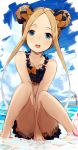  1girl :d abigail_williams_(fate/grand_order) ball bangs bare_arms bare_legs bare_shoulders barefoot beachball between_legs bikini black_bikini black_bow blonde_hair blue_eyes blue_sky blush bow cloud cloudy_sky collarbone commentary_request day double_bun emerald_float eyebrows_visible_through_hair fate/grand_order fate_(series) forehead hair_bow hand_between_legs horizon knees_up long_hair looking_at_viewer ocean open_mouth orange_bow palm_tree parted_bangs polka_dot polka_dot_bow samescher shallow_water sidelocks sitting sky smile solo summer swimsuit tree very_long_hair water 