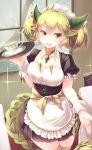  +_+ 1girl absurdres apron blonde_hair blush breasts brown_eyes brown_legwear character_request collarbone cup duel_monster eyebrows_visible_through_hair fang hair_ornament highres holding holding_tray kanzakietc leaf_hair_ornament looking_at_viewer maid maid_apron medium_breasts open_mouth plate short_hair short_twintails smile solo teacup thighhighs tray twintails wrist_cuffs yuu-gi-ou 