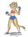  2019 anthro ash_(yeahbeezii) athletic band-aid bandage beezii boots bottomwear boxing boxing_gloves bra cheek_tuft cheetah clothing eyebrows felid feline female footwear fur handwear hi_res inner_ear_fluff mammal red_eyes shorts simple_background smile solo sport sports_bra spots spotted_fur standing tongue tongue_out tuft underwear white_background 