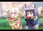  2girls animal_ear_fluff animal_ears bangs black_gloves black_hair blonde_hair blush brown_eyes bush commentary_request common_raccoon_(kemono_friends) eating elbow_gloves extra_ears eyebrows_visible_through_hair fang fennec_(kemono_friends) food fox_ears fruit gloves grass grey_hair heitai_gensui kemono_friends letterboxed multicolored_hair multiple_girls open_mouth outdoors power_lines puffy_short_sleeves puffy_sleeves raccoon_ears short_hair short_sleeves two-tone_hair upper_body watermelon white_hair yellow_gloves 