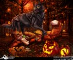  animal_genitalia anthro autumn black_fur breasts brown_fur candy canid canine canis clothing costume female feral food forest fox fur halloween holidays jack-o&#039;-lantern legwear licking licking_lips lollipop magic_user male mammal orange_fur pussy salonkitty sheath spirit stockings tongue tongue_out tree white_fur witch wolf 