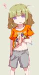  ahoge bangs blonde_hair collarbone copyright_request eyebrows_visible_through_hair hand_in_pocket hand_under_clothes hand_under_shirt highres messy_hair navel purple_eyes scratching shirt shorts simple_background t-shirt utsubo_(utb) 