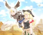  2girls :d armband bald_eagle_(kemono_friends) bangs bare_shoulders belt black_gloves black_hair black_headwear black_legwear black_tank_top blonde_hair blue_skirt blue_sky clothes_around_waist cloud commentary day english_text engrish_text eyebrows_visible_through_hair gloves guest-san_(kemono_friends_3) hair_between_eyes hat head_wings kemono_friends kemono_friends_3 long_hair long_sleeves low_twintails mixed-language_commentary moeki_(moeki0329) mountainous_horizon multicolored_hair multiple_girls open_mouth outdoors pantyhose pleated_skirt ranguage skirt sky smile speech_bubble twintails white_hair yellow_eyes 