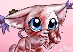  2019 anthro blood blue_eyes bodily_fluids digimon digimon_(species) digital_media_(artwork) felid feline female fur gatomon mammal nipples nude pussy simple_background smile solo tongue tongue_out whiskers white_fur wounded 
