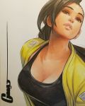  1girl alternate_costume alternate_hairstyle asymmetrical_hair black_hair breasts brown_eyes cleavage commentary cornrows dark_skin english_commentary head_back large_breasts laura_matsuda lips long_hair looking_at_viewer marker_(medium) nose omar_dogan signature solo street_fighter street_fighter_v tank_top traditional_media 