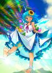  .sin 1girl ;d alternate_costume anklet bare_arms barefoot blue_hair blue_sky blurry bow cirno cloud commentary_request day depth_of_field dress dress_lift eyebrows_visible_through_hair flower food foreshortening frilled_skirt frills fruit hair_between_eyes hair_bow hair_flower hair_ornament halter_dress head_tilt highres horizon jewelry leg_lift lens_flare lifted_by_self looking_at_viewer morning_glory ocean one_eye_closed open_mouth outdoors palm_leaf peach pearl_anklet plant scrunchie skirt sky sleeveless sleeveless_dress smile solo sparkle splashing spread_toes standing standing_on_one_leg sunflower_hair_ornament tanned_cirno touhou upper_teeth vines water_drop white_dress wings wrist_scrunchie 