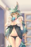  1girl animal_ear_fluff animal_ears ass_visible_through_thighs babydoll bangs black_panties blurry blurry_background breasts brown_hair cleavage cowboy_shot crossed_bangs eyebrows_visible_through_hair food gradient_hair green_eyes green_hair kuromiya kuromiya_raika large_breasts long_hair looking_at_viewer mouth_hold multicolored_hair original panties popsicle solo towel two-tone_hair underwear 