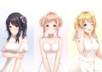  3girls azukiman black_eyes blue_eyes blush breasts brown_eyes cleavage dress hachimiya_meguru hair_ribbon hand_on_own_arm hand_up idolmaster idolmaster_shiny_colors jewelry kazano_hiori looking_at_viewer medium_breasts multiple_girls necklace one_eye_closed ribbon sakuragi_mano short_twintails side_ponytail sidelocks simple_background sleeveless sleeveless_dress smile standing twintails twitter_username white_dress white_ribbon 