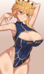  1girl areola_slip areolae armpits artoria_pendragon_(all) artoria_pendragon_(lancer) bare_arms bare_hips bare_shoulders blonde_hair blue_leotard blush braid breasts circlet cleavage cleavage_cutout colored_eyelashes commentary_request covered_navel covered_nipples cowboy_shot fate/grand_order fate_(series) gradient gradient_background green_eyes grey_background groin hair_between_eyes highleg highleg_leotard highres large_breasts leotard long_hair nt00 revision sidelocks solo 