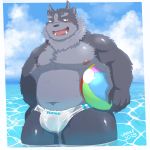  1:1 2019 absurd_res anthro belly blush bulge clothing hi_res humanoid_hands male moobs navel nipples outside overweight overweight_male solo swimwear tokyo_afterschool_summoners tsathoggua v2wolf video_games water 