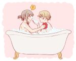  ! /\/\/\ alternate_hairstyle bangs bath bathtub beads blonde_hair blue_eyes blush bubble_bath closed_eyes commentary darjeeling eyebrows_visible_through_hair frown girls_und_panzer hair_beads hair_ornament hair_tie hair_up itsumi_erika looking_at_another medium_hair open_mouth shared_bathing short_hair silver_hair spoken_exclamation_mark tied_hair torinone washing yuri 