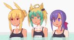  3girls :d :i ahoge animal_ears atalanta_(fate) bangs blonde_hair breasts cat_ears dark_skin empty_eyes fate/apocrypha fate/grand_order fate_(series) green_eyes green_hair hair_bun hair_ribbon highres kopaka_(karda_nui) matou_sakura multiple_girls one-piece_swimsuit open_mouth partially_submerged parvati_(fate/grand_order) ponytail purple_eyes purple_hair red_eyes ribbon school_swimsuit smile swimsuit tan tanline thrud_(fate/grand_order) valkyrie_(fate/grand_order) 