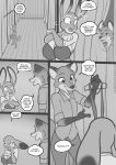  2019 anthro big_breasts bikini breasts canid canine cleavage clothed clothing comic dialogue digital_media_(artwork) dipstick_ears disney duo english_text female fox freckles_(artist) gloves_(marking) greyscale hi_res huge_breasts judy_hopps lagomorph leporid male mammal markings monochrome multicolored_ears nick_wilde open_mouth rabbit sling_bikini swimwear text undressing zootopia 