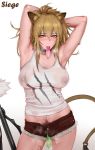  1girl animal_ears arknights armpits arms_behind_head arms_up bangs bare_shoulders blonde_hair blush body_writing breasts brown_shorts character_name closed_mouth collar collarbone condom covered_nipples cutoffs hair_between_eyes heart heart-shaped_pupils highres large_breasts lion_ears lion_tail long_hair looking_at_viewer midriff mouth_hold open_fly pubic_hair rosaline short_shorts shorts siege_(arknights) simple_background solo sweat symbol-shaped_pupils tail thighs used_condom white_background white_tank_top yellow_eyes 