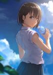  1girl blue_sky blurry bottle brown_hair cloud day depth_of_field from_behind highres holding holding_bottle looking_at_viewer looking_back original outdoors pleated_skirt short_hair skirt sky sleeves_pushed_up smile solo sugi87 water_bottle yellow_eyes 