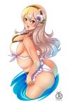  1girl absurdres artist_name ass bikini black_hairband breasts corrin_(fire_emblem) corrin_(fire_emblem)_(female) fire_emblem fire_emblem_fates fire_emblem_heroes flower hair_flower hair_ornament hairband highres long_hair open_mouth pointy_ears red_eyes revolverwing sideboob simple_background solo swimsuit white_background white_hair 