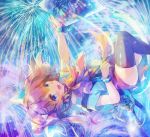  1girl 888myrrh888 :d aerial_fireworks animal_ears bangs between_legs black_legwear blue_eyes blue_shirt blush bow brown_bow brown_hair brown_shorts cat_ears cat_girl cat_tail commentary_request eyebrows_visible_through_hair feet_out_of_frame fireworks hair_between_eyes holding holding_paintbrush knee_up looking_away notepad open_mouth original outstretched_arm paintbrush shirt short_shorts short_sleeves shorts smile solo suspender_shorts suspenders tail tail_between_legs thighhighs 