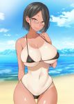  1girl areola_slip areolae bangs beach bikini black_bikini black_hair blush breasts brown_eyes cloud collarbone covered_nipples diisuke glasses large_breasts looking_at_viewer micro_bikini navel nijisanji ocean one-piece_tan semi-rimless_eyewear seto_miyako short_hair sky smile solo swimsuit tan tanline under-rim_eyewear 