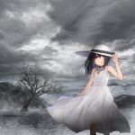  1girl absurdres akky_(akimi1127) album_cover arm_up bangs bare_arms bare_shoulders bare_tree black_hair cloud cloudy_sky commentary_request cover dress eyebrows_visible_through_hair glowing hair_between_eyes hand_on_headwear hat highres huge_filesize jewelry long_hair monochrome_background original pendant red_eyes sky sleeveless sleeveless_dress solo standing sun_hat tree water white_dress white_headwear 