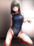  1girl alternate_costume black_hair black_swimsuit blush breasts brown_eyes closed_mouth competition_swimsuit eyebrows_visible_through_hair hatsuyuki_(kantai_collection) highres kantai_collection long_hair one-piece_swimsuit shadow sitting small_breasts solo sunlight swimsuit tama_(seiga46239239) window 