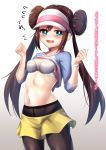  1girl black_legwear blue_eyes blush bra breasts brown_hair cleavage collarbone commentary_request double_bun fang highres long_hair looking_at_viewer medium_breasts mei_(pokemon) navel open_mouth pantyhose pokemon pokemon_(game) pokemon_bw2 ramchi saliva saliva_trail shirt shorts shrit skin_fang solo translation_request twintails underwear visor_cap white_bra white_shirt wristband 
