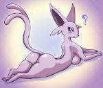  ? anthro anthrofied barefoot blush breasts butt eeveelution espeon female forehead_gem looking_back lying mammal melonleaf nintendo nude pok&eacute;mon pok&eacute;mon_(species) solo video_games 