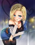  1girl android_18 belt blonde_hair blue_eyes blush breasts cleavage commentary_request denim dragon_ball dragon_ball_z earrings highres jewelry looking_at_viewer nia_(leafunia) pantyhose shirt short_hair skirt smile solo 