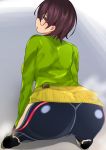  1girl absurdres alternate_costume ass bangs bent_over brown_hair fangosuta from_behind glasses green_sweater highres hololive long_sleeves looking_at_viewer looking_back medium_hair roboco-san roboco_ch. robotic_legs solo sweat sweater tagme virtual_youtuber yellow_eyes 