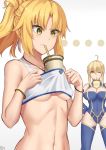  2girls ahoge artoria_pendragon_(all) artoria_pendragon_(lancer) bangs bare_shoulders blonde_hair blue_legwear braid breasts bubble_tea_challenge collarbone commentary_request drinking_straw eyebrows_visible_through_hair fate/grand_order fate_(series) green_eyes hair_between_eyes highres huge_breasts jewelry kakeku large_breasts mordred_(fate) mordred_(fate)_(all) multiple_girls navel necklace one_eye_closed ponytail shirt sidelocks small_breasts solo_focus thighhighs white_shirt yellow_eyes 