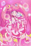  1girl ;d ahoge blush closed_mouth cure_star eyebrows_visible_through_hair fuwa_(precure) highres hoshina_hikaru long_hair looking_at_viewer magical_girl one_eye_closed open_mouth pink_background pink_eyes pink_hair pink_legwear pink_skirt pink_theme precure shunciwi skirt smile standing star star_twinkle_precure thighhighs twintails very_long_hair 