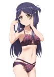  1girl black_hair bra breasts brown_eyes collarbone cowboy_shot groin hand_on_own_face high_school_fleet highres hiraizumi_(mugenkidousha) long_hair looking_at_viewer marikouji_kaede medium_breasts navel one_side_up panties purple_bra purple_panties simple_background smile solo underwear underwear_only white_background 