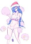  1girl bare_arms bare_shoulders bikini blob blue_eyes blue_hair breasts collarbone commentary doremy_sweet eyebrows_visible_through_hair feet_out_of_frame groin hair_over_one_eye halterneck hand_up hat head_tilt highres holding large_breasts long_hair looking_at_viewer navel nightcap nuget open_mouth polka_dot polka_dot_bikini red_headwear sheep simple_background solo standing stomach swimsuit tail tapir_tail thighs touhou very_long_hair white_background white_bikini 