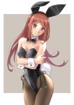  1girl animal_ears black_leotard black_neckwear border bow bowtie breasts brown_eyes brown_hair brown_legwear bunny_ears bunny_tail bunnysuit cleavage collarbone commentary_request cowboy_shot crossed_arms detached_collar grey_background head_tilt highres katahira_masashi leotard long_hair looking_at_viewer original pantyhose small_breasts smile solo strapless strapless_leotard tail two-tone_background white_border wrist_cuffs 