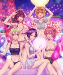  5girls :d ball beachball black_hair blonde_hair blue_dress blue_eyes bracelet breasts brown_eyes brown_hair cleavage collarbone commentary_request dress eyewear_on_head flower green_eyes grey_eyes grey_hair grin hair_between_eyes hair_flower hair_ornament hair_scrunchie hayami_kanade head_wreath ichinose_shiki idolmaster idolmaster_cinderella_girls innertube jewelry jougasaki_mika large_breasts lipps_(idolmaster) long_hair midriff miyamoto_frederica multiple_girls navel necklace ohagi_(ymnky) open_mouth pink_hair ponytail pool ring scrunchie shiomi_shuuko short_dress short_hair short_sleeves side_ponytail sitting sleeveless sleeveless_dress smile standing sunglasses water 