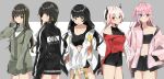  5girls alternate_costume anti-rain_(girls_frontline) aogisa black_eyes brown_hair girls_frontline heterochromia highres jacket m16a1_(girls_frontline) m4_sopmod_ii_(girls_frontline) m4a1_(girls_frontline) multiple_girls pink_hair ro635_(girls_frontline) skirt st_ar-15_(girls_frontline) 