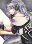  aek-999_(girls_frontline) ahoge bangs commentary_request girls_frontline gloves grey_hair hair_between_eyes headphones headphones_around_neck highres jacket long_hair millipen_(medium) silver_hair smile tesun_(g_noh) traditional_media watercolor_pencil_(medium) yellow_eyes 