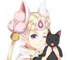  1girl animal animal_ears bell blonde_hair blue_eyes breasts cape cat cat_ears choker cop_craft:_dragnet_mirage_reloaded elf grin hair_bell hair_ornament jewelry long_hair looking_at_viewer one_eye_closed pointy_ears simple_background smile solo tilarna_exedilika twintails white_background 