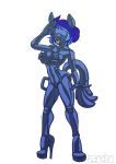  2019 anthro blindfold blue_hair clothing equid equine fan_character female footwear gag gesture hair handles hi_res high_heels horse kandlin love_doll mammal monique_(oc) my_little_pony nipple_mouth nipple_outline open_mouth pony pussy ring_gag rubber salute shoes skinsuit solo standing tight_clothing wide_hips 
