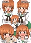  1girl absurdres bandages bangs black_legwear black_neckwear blouse blush boko_(girls_und_panzer) brown_eyes brown_hair closed_eyes closed_mouth commentary covering_mouth embarrassed eyebrows_visible_through_hair flying_sweatdrops frown full-face_blush girls_und_panzer green_skirt hands_in_hair highres holding holding_stuffed_animal kumo_(atm) leaning_forward long_sleeves looking_at_viewer looking_back miniskirt multiple_views neckerchief nishizumi_miho ooarai_school_uniform open_mouth pleated_skirt school_uniform serafuku short_hair simple_background skirt socks standing stuffed_animal stuffed_toy sweatdrop teddy_bear translated white_background white_blouse 