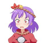  1girl bangs blush cato_(monocatienus) commentary_request constricted_pupils empty_eyes eyebrows_visible_through_hair ginkgo_leaf hair_ornament leaf leaf_hair_ornament looking_to_the_side maple_leaf mirror open_mouth parted_bangs purple_hair red_eyes red_shirt rope shimenawa shirt short_hair simple_background sweat touhou upper_body wavy_mouth white_background yasaka_kanako 