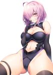  1girl ahoge ass_visible_through_thighs bare_shoulders black_gloves black_leotard breasts cameltoe cleavage commentary_request cowboy_shot elbow_gloves eyebrows_visible_through_hair eyes_visible_through_hair fate/grand_order fate_(series) gloves grin groin hair_over_one_eye hand_up highres index_finger_raised kurifuto large_breasts leotard looking_at_viewer mash_kyrielight navel pink_hair purple_eyes short_hair simple_background smile solo sweat thigh_strap thighhighs thighs white_background 
