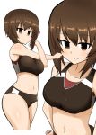  1girl absurdres bangs black_buruma black_sports_bra brown_eyes brown_hair buruma closed_mouth commentary cropped_legs eyebrows_visible_through_hair girls_und_panzer hands_on_hips highres kumo_(atm) light_blush light_frown looking_at_viewer navel nishizumi_maho short_hair simple_background solo sports_bikini sports_bra standing stretch thighs white_background 
