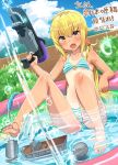  bikini blonde_hair blue_sky cloud crescent crescent_moon_pin highres hose kantai_collection long_hair outdoors partially_submerged pool satsuki_(kantai_collection) sky soushou_nin striped striped_bikini swimsuit tan tanline twintails water water_gun wet yellow_eyes 