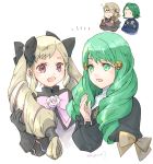  2boys 2girls black_bow black_gloves blonde_hair bow brother_and_sister circlet closed_mouth crossed_arms elise_(fire_emblem) fire_emblem fire_emblem:_three_houses fire_emblem_fates flayn_(fire_emblem) gloves green_eyes green_hair hair_bow hair_ornament long_hair long_sleeves multicolored_hair multiple_boys multiple_girls open_mouth pink_bow purple_eyes purple_hair robaco seteth_(fire_emblem) short_hair siblings simple_background smile twintails twitter_username white_background xander_(fire_emblem) 