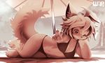  2019 4_fingers 4_toes anthro beach bikini bodily_fluids bottomwear bra breasts canid canine claws cleavage clothed clothing digital_media_(artwork) female fingers full_bokko_heroes_x fullbokko_heroes fur hair jabberwock_(full_bokko_heroes_x) jabberwock_(fullbokko_heroes) kemono looking_at_viewer lyc mammal monochrome navel outside seaside shaded smile solo sweat swimwear toes tuft underwear water 