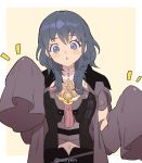  1girl blue_eyes blue_hair byleth_(fire_emblem) byleth_(fire_emblem)_(female) cape fire_emblem fire_emblem:_three_houses long_sleeves medium_hair parted_lips ryein simple_background sleeves_past_fingers sleeves_past_wrists solo twitter_username upper_body 